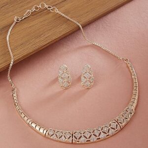 ZAVERI PEARLS Rose Gold Cubic Zirconia Party Bling Necklace & Earring Set For Women
