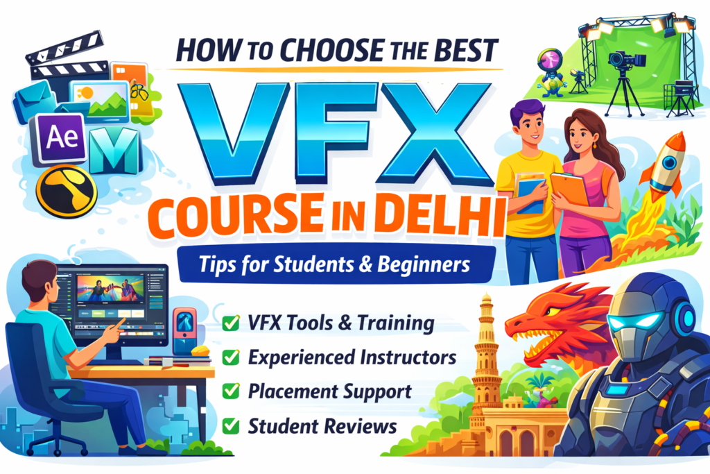 Vector banner showing VFX Course in Delhi with animation tools, video editing, green screen, and VFX training illustration