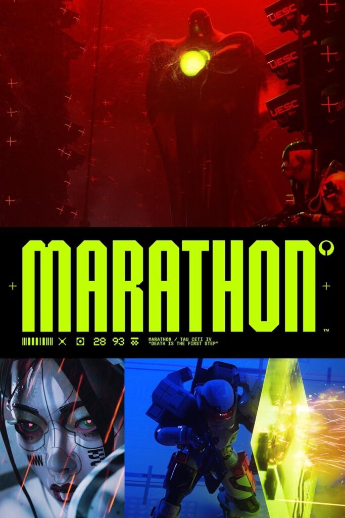 Marathon sci fi shooter with futuristic armor and neon environment