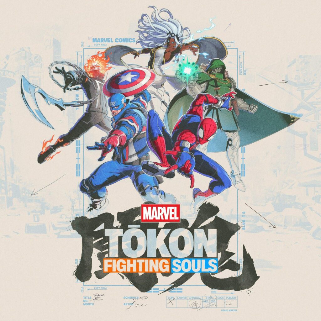 Marvel fighting game characters in a battle arena with dynamic effects