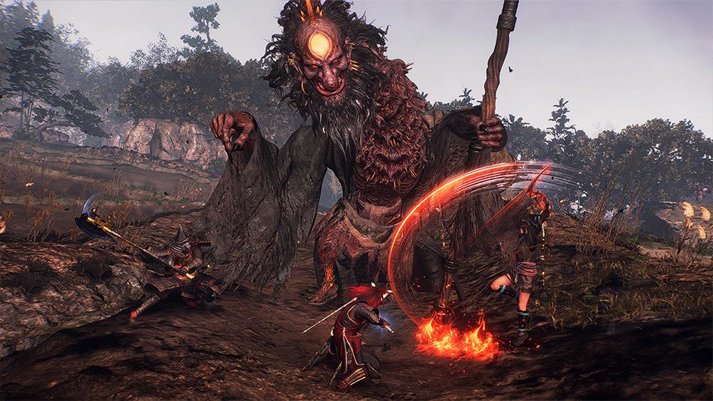 Nioh 3 samurai fighting yokai monsters in a dark environment