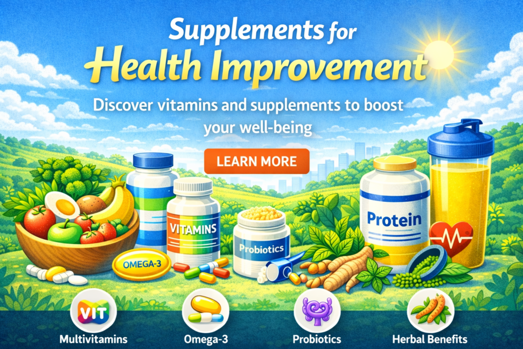 Banner showing vitamins, omega-3, probiotics, and protein supplements for health improvement and overall wellness.