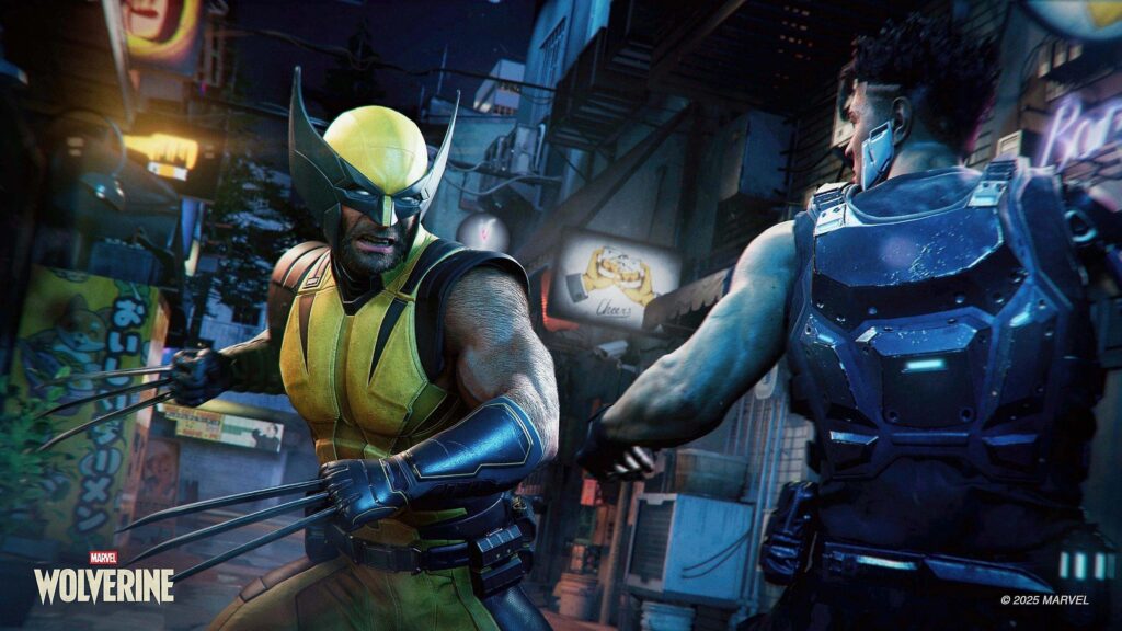 Marvel Wolverine from PS5 upcoming games in 2026 with claws in a dark cinematic scene